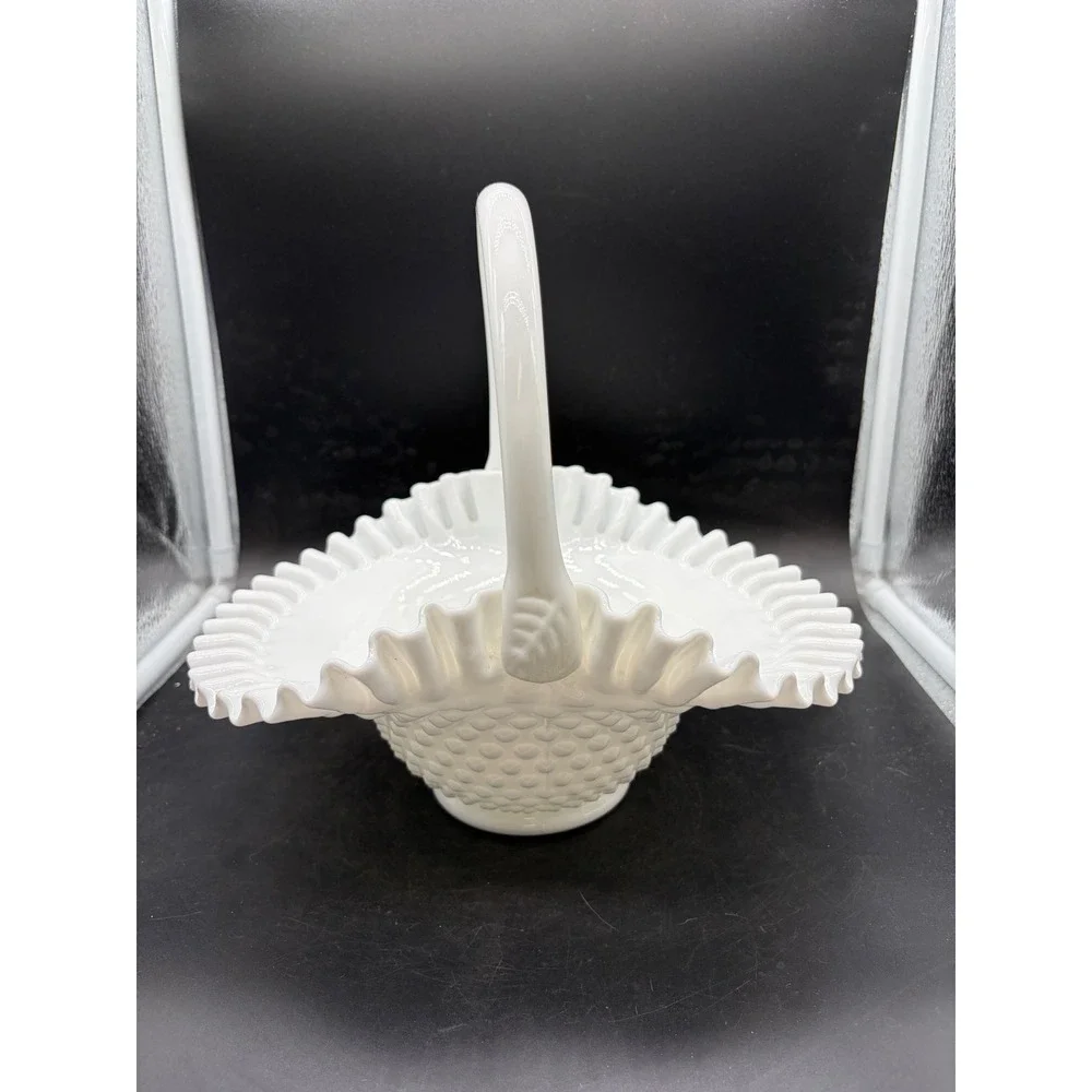 Vintage Fenton White Milk Glass Hobnail Ruffled Basket with Handle 10 Inch